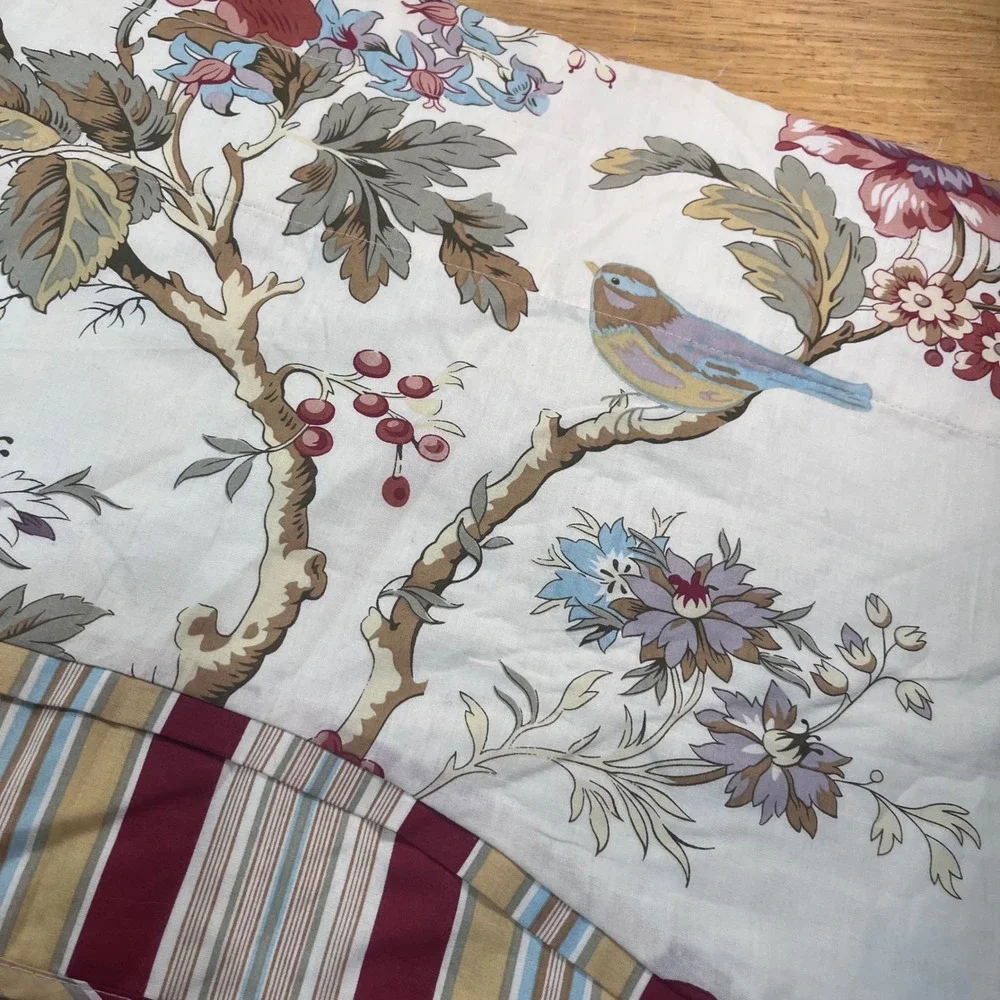 Waverly Scalloped Valance 48x18 Vtg Style Floral Bird Striped Trim Cream Red